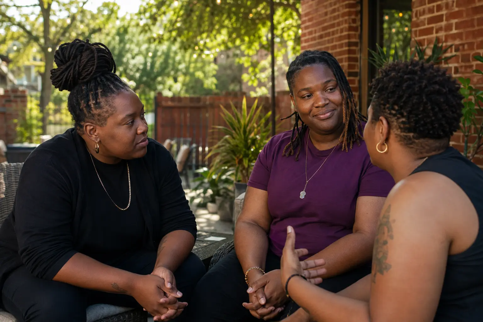 Black LGBTQ+ friends sharing an attentive conversation outdoors