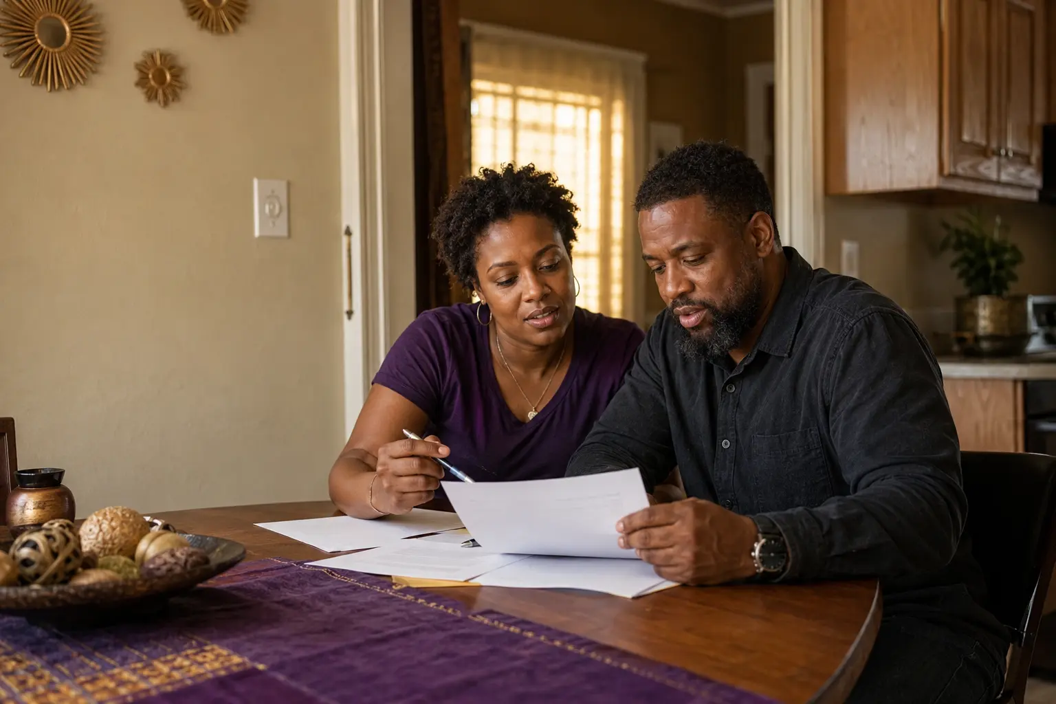 Representative scene of two adults reviewing housing paperwork together at home