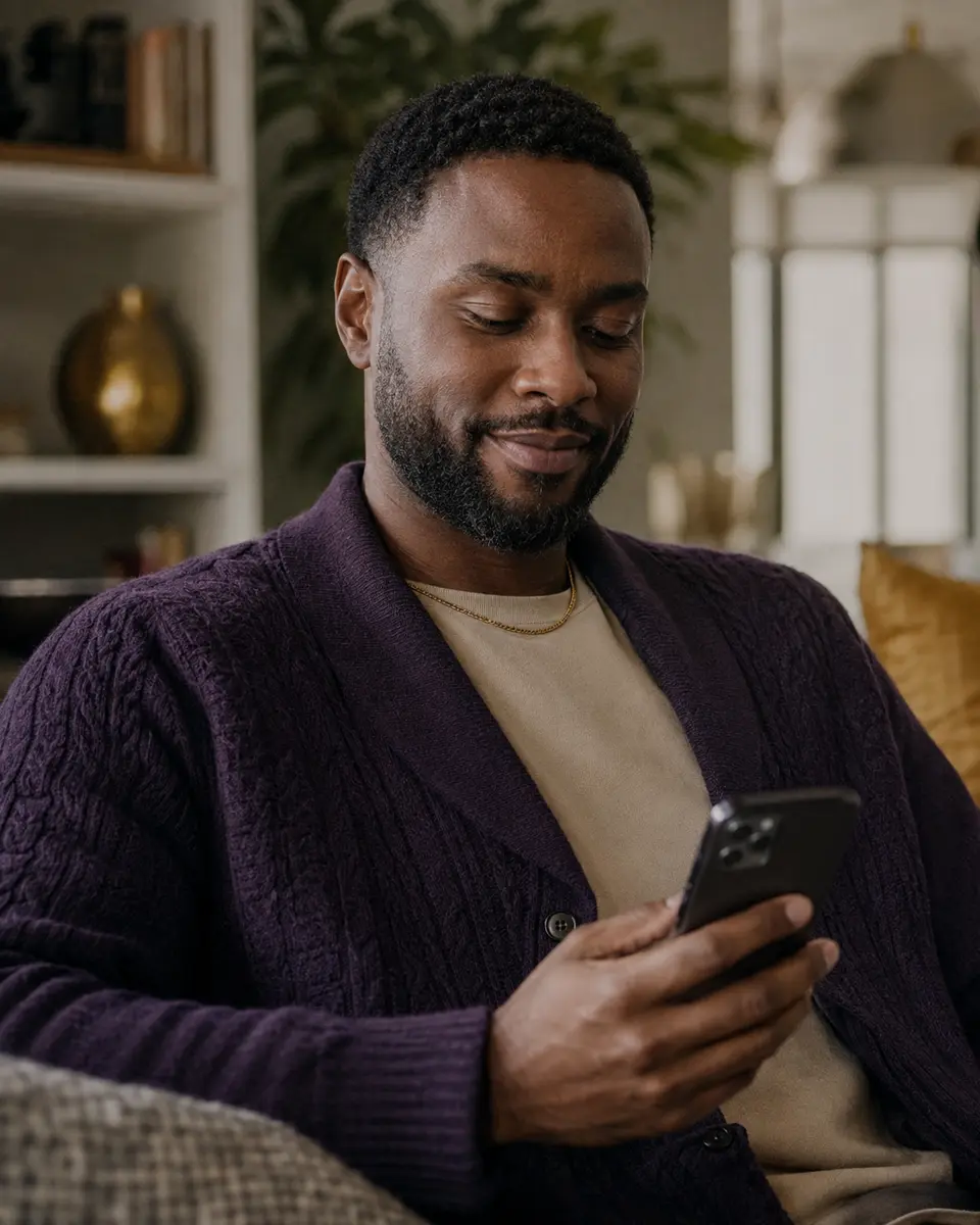 A man receiving a reassuring message on his phone