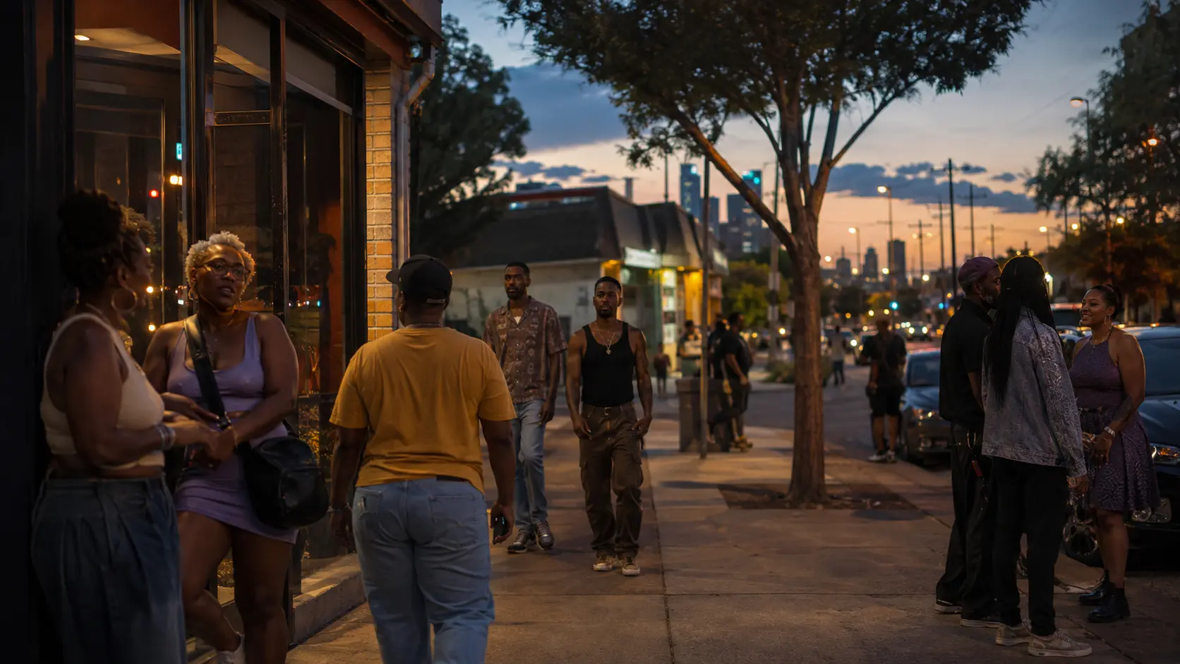 Black South Dallas neighbors connecting at blue hour with the Dallas skyline beyond